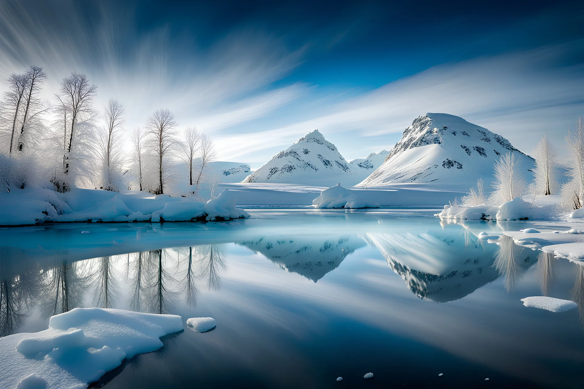 Capturing a nature scene on ice beneath the polar sky in a medium shot, reflected upon an icy and tranquil frozen lake, painting a surreal and dreamy landscape; settings: f/3.5 aperture, 20 sec shutter speed, ISO 1600, using a mirrorless camera and a wide to medium focal length lens, from a location within the Arctic Circle during winter."