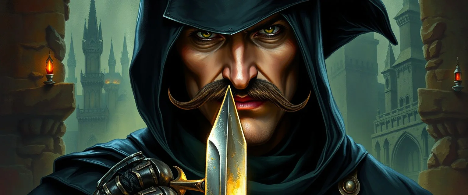oil paint and airbrush, upper body portrait of clever crow vintage mustache cloaked assassin thief quickling juggler man with Damascus steel sacrificial dagger in then elven magical green city of Forgotten Realms, myth drannor