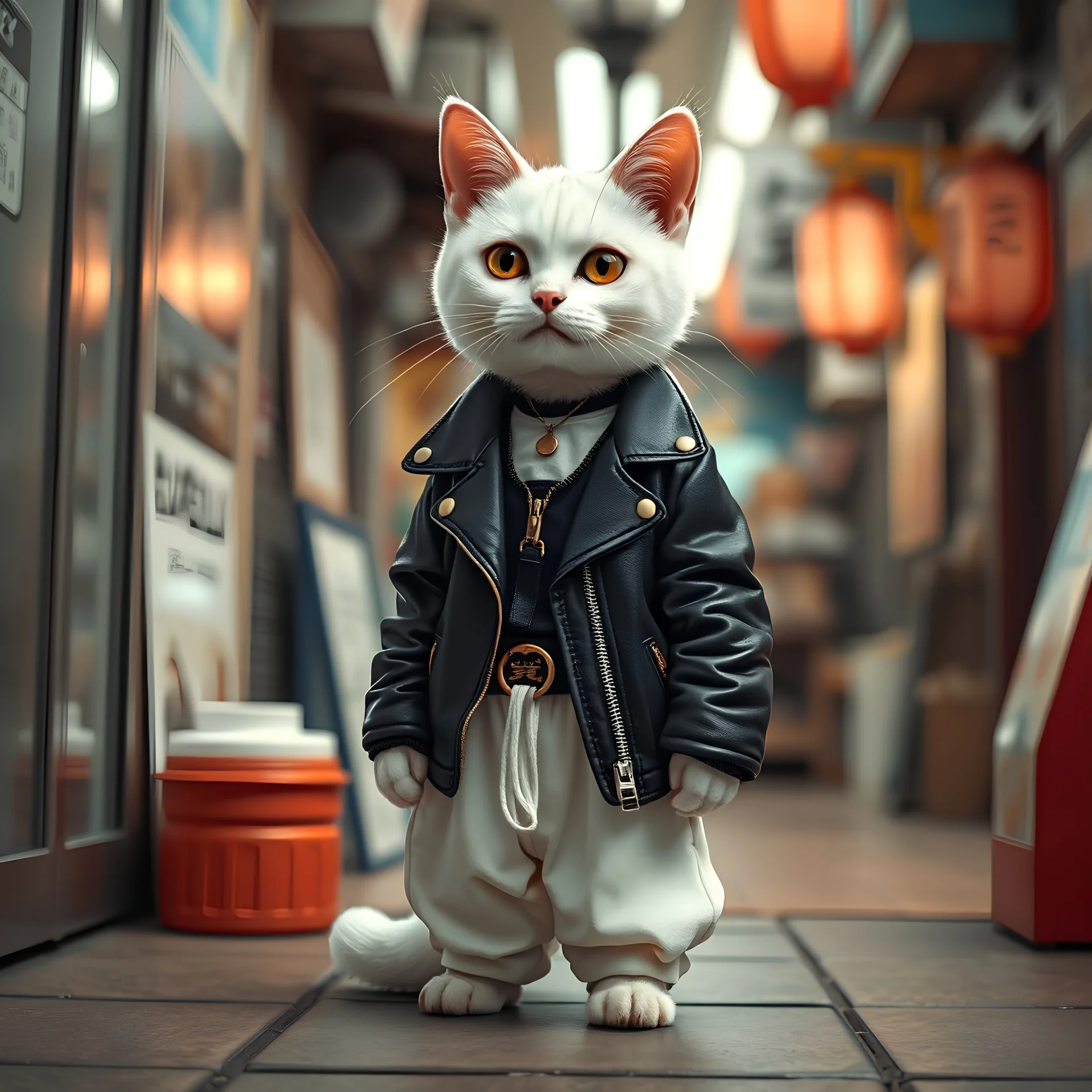 A Japanese back street interior shot by an anthropomorphic cute little white exotic shorthair cat wearing a black leather jacket, white loose pants, Bōsōzoku style clothes