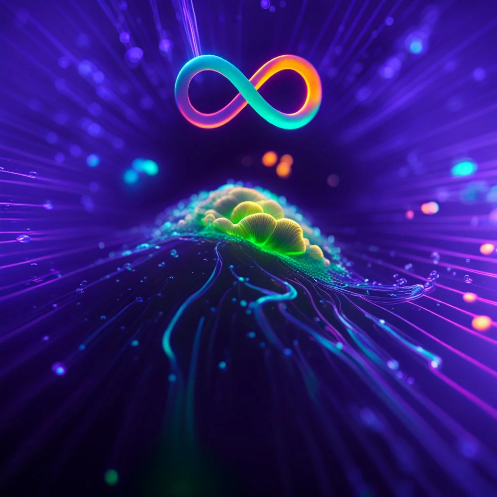 infinity symbol ∞ with vibrant single Bioluminescent Plankton in water, striking, neon, chiaroscuro, dramatic, captivating, powerful, fantasy, beautiful, octane render, 16k post-production, artstation: award-winning: atmospheric: commanding: fantastical: clarity: ultra quality: striking: brilliance: stunning colors: amazing depth; lens: f/11, 35mm