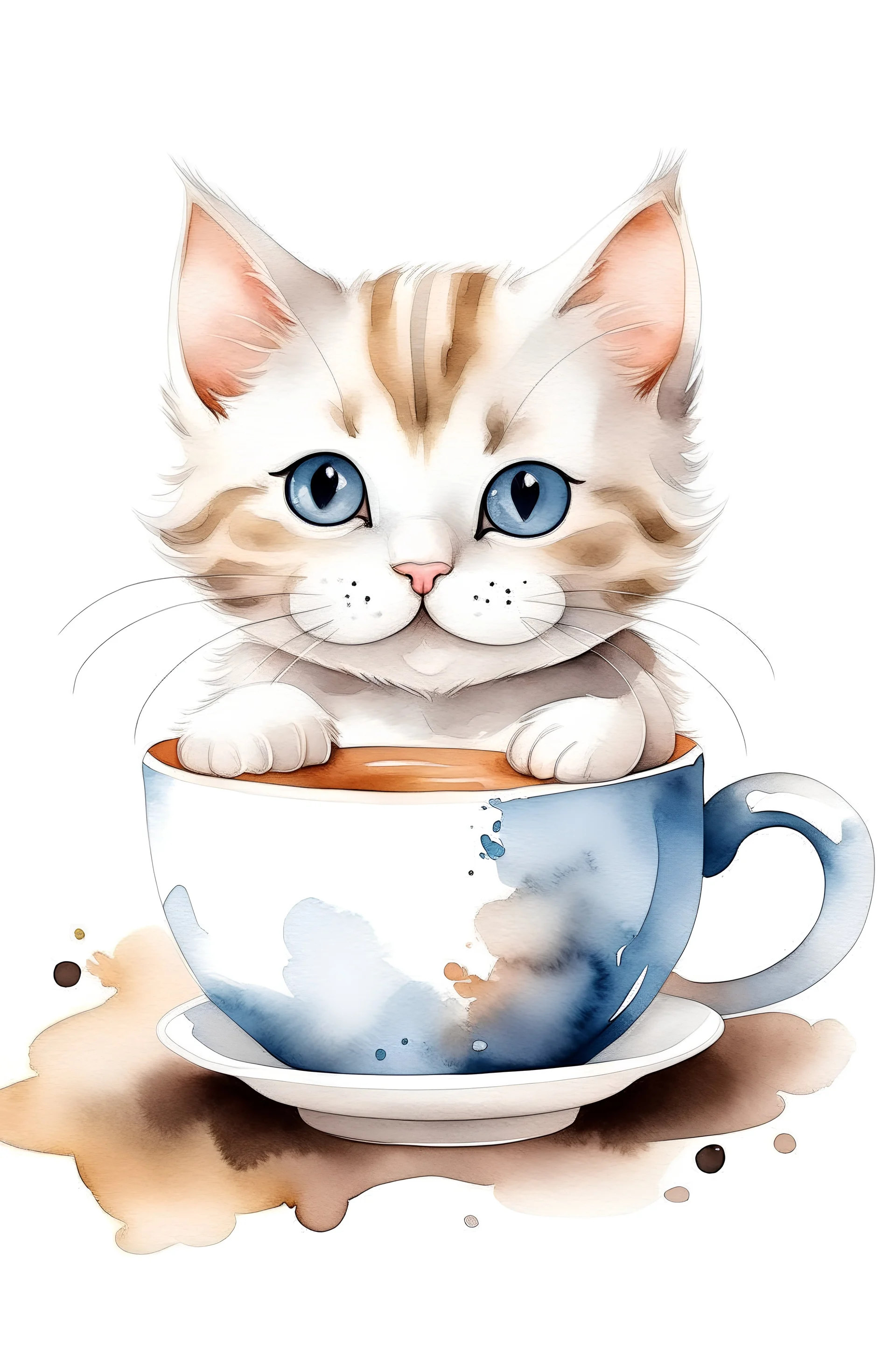 Create a watercolor clip art image with a white background of 3D Cute cat with a cup of coffee