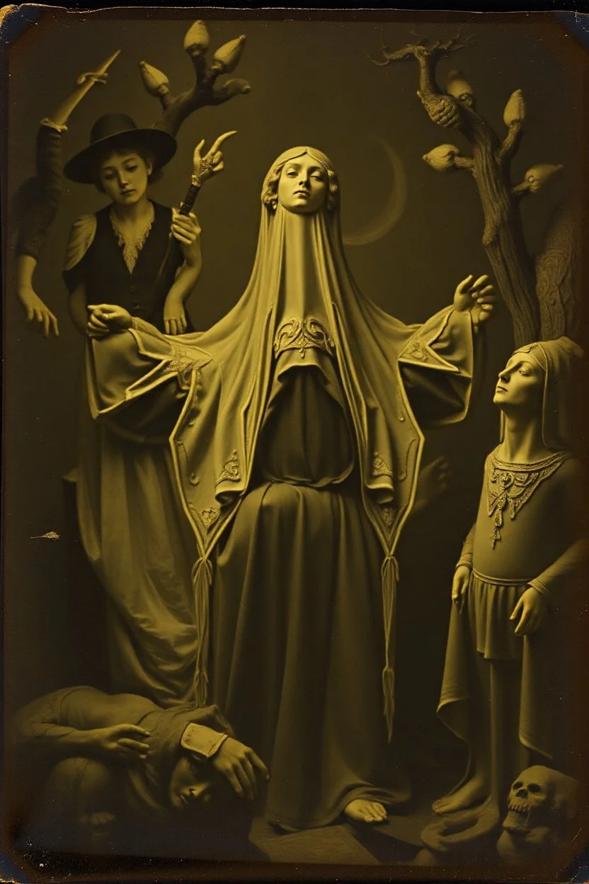 Daguerrotype close up some mysterious figures, odd background, Hieronymus Bosch, ambient light, by Minicavio Quollati and Marlost Endgulp, Botticelli, Alphonse Mucha