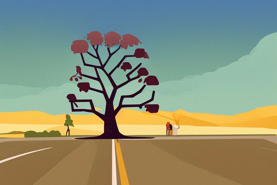 intersection of two roads with a tree of life and a man working, podcast logo minimalist illustration