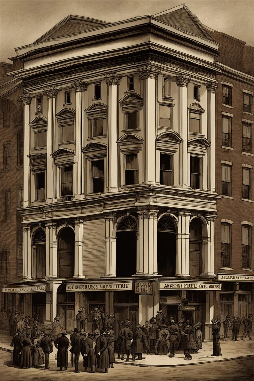 Create an atmospheric depiction of Ford's Theatre in Washington, D.C., on the evening of April 14, 1865. Capture the historical ambiance and the anticipation of the audience as they gather for the play "Our American Cousin