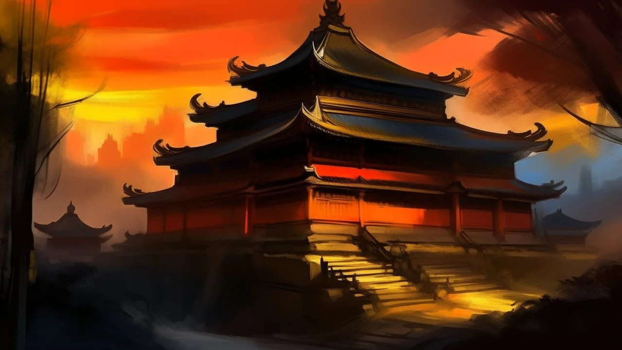 Atmospheric view of ancient architecture at dusk, captured with vibrant and dense brushstrokes.
