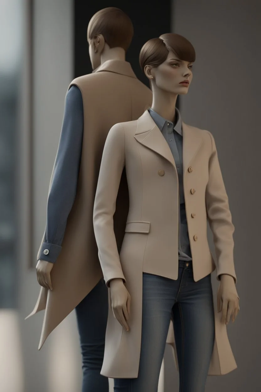 mannequins wearing Vogue Superman's design coat vest and jeans, beige tones, unreal engine, dutch angle view, minimalist, fashion plates –ar 3:5 –q 2