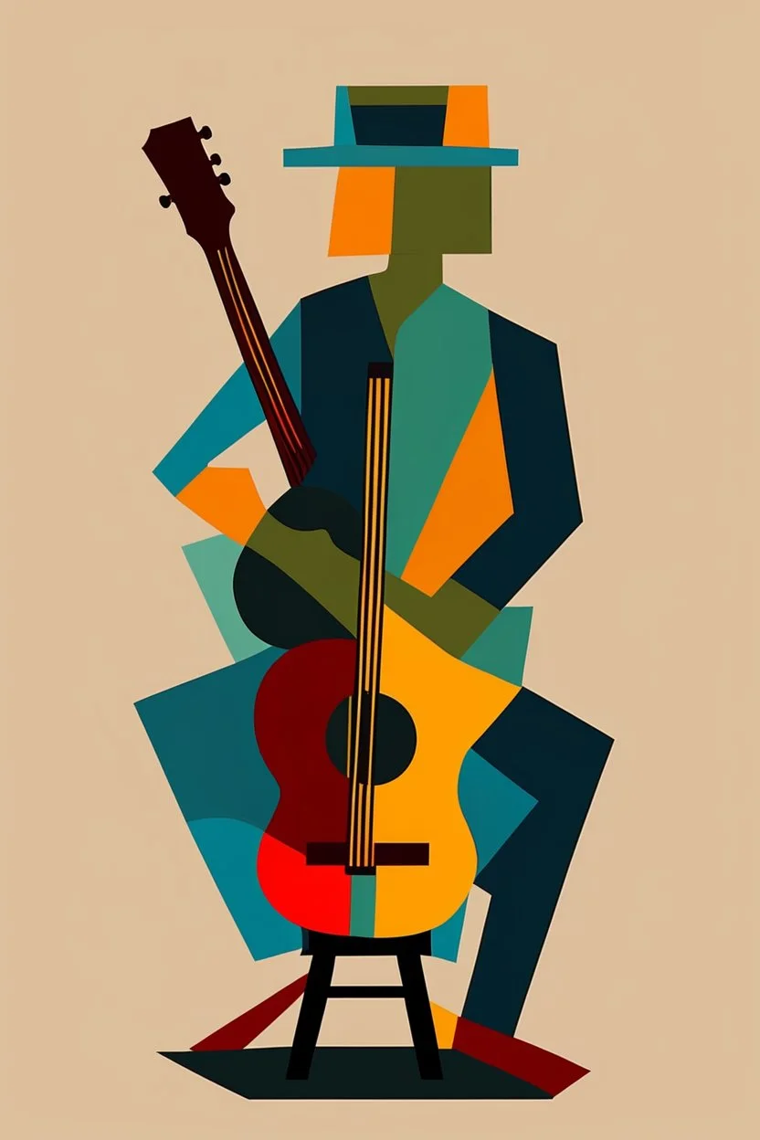 a jazz guitar player sitting on a stool in the style of Paul Klee