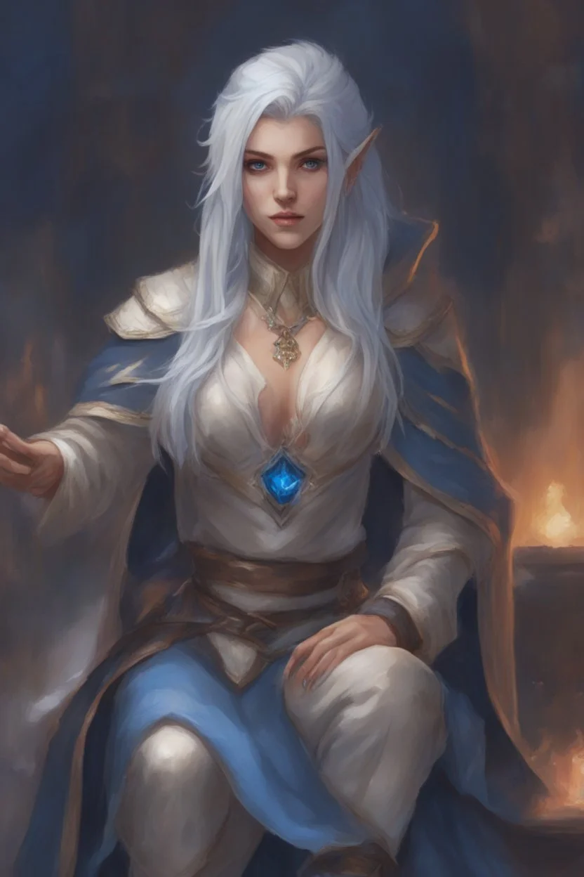 Dnd character on her knees. A female Aaismar twilight cleric with white hair and blue eyes, wearing gray robes. Etreal, beautiful, sexy