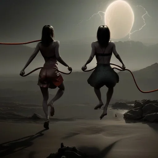 Two women skipping with a rope, demons and angry gods fight in the background, in the style of a Michael Moorcock book cover.