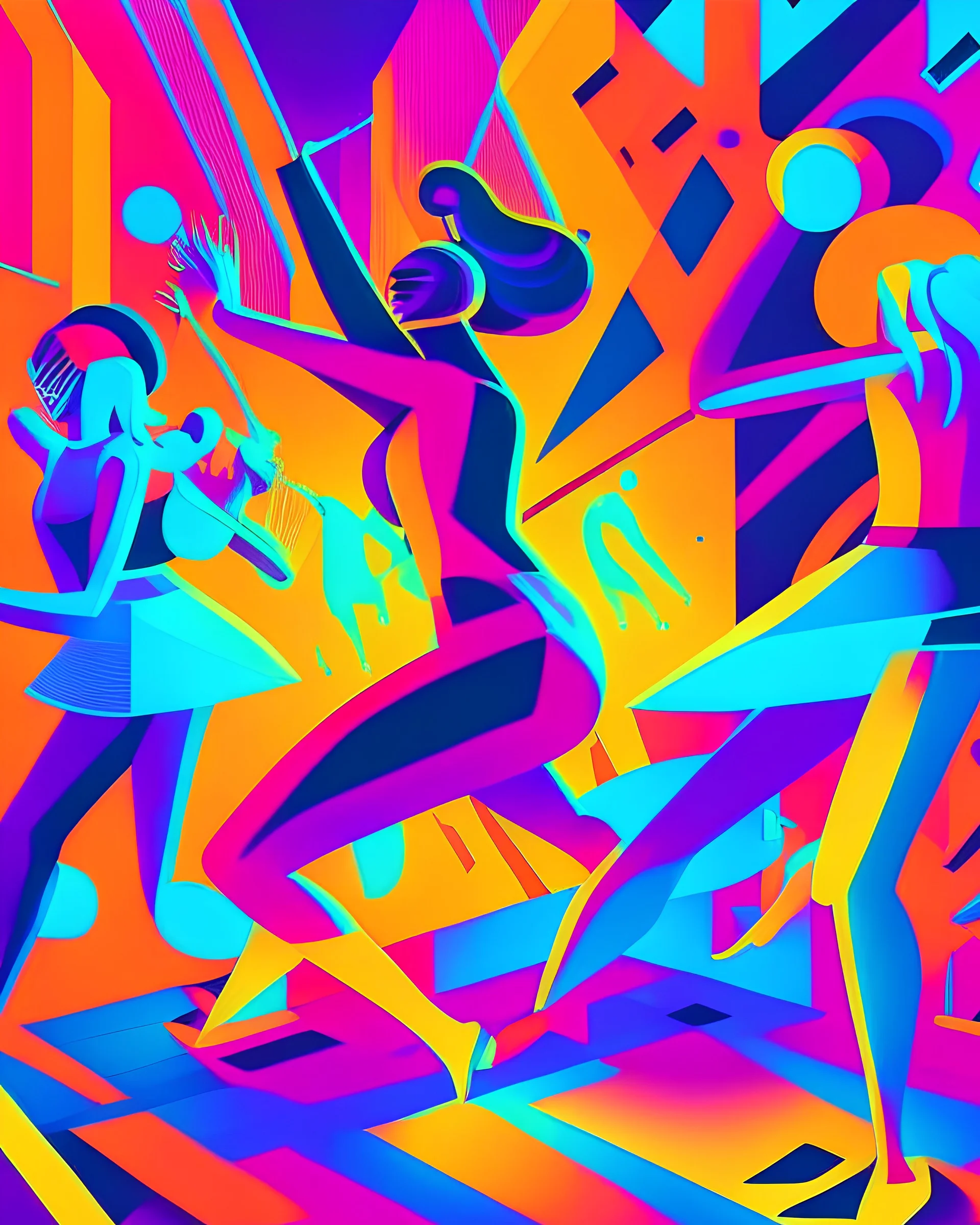 A vibrant and energetic dance party taking place in a neon-lit, futuristic nightclub, in the style of colorful vector art, bold geometric shapes, fluid character movement, and eye-catching patterns, 10K resolution, inspired by the works of Malika Favre and Olimpia Zagnoli, capturing the essence of nightlife and human connection.