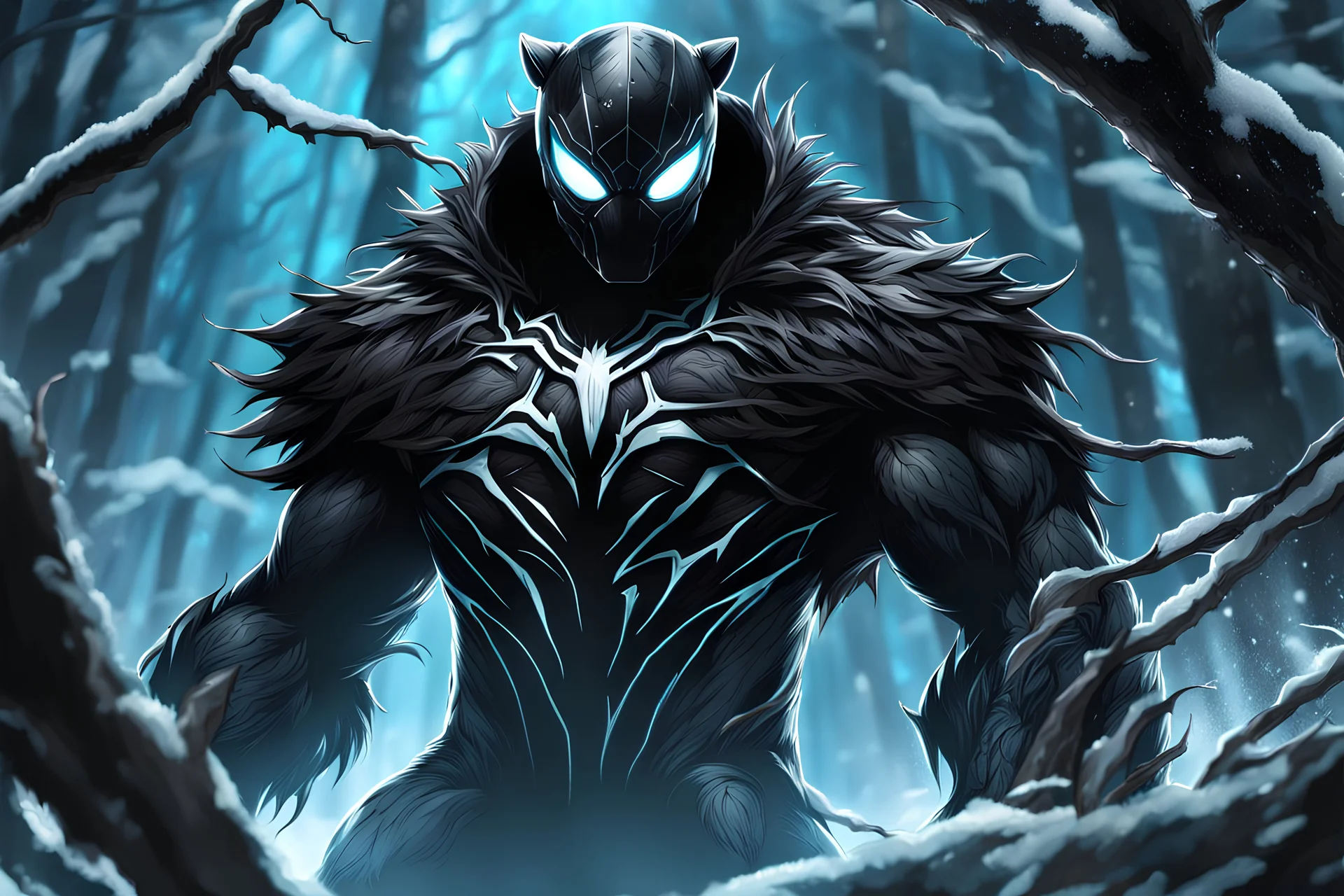 Shadow symbiote in 8k realistic anime drawing style, bear them, neon ice power, ice forest, highly detailed, high details, detailed portrait, masterpiece,ultra detailed, ultra quality