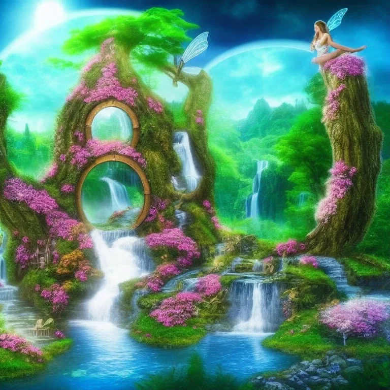 paysage féerique avec Stargate, Jolie femme, cascades, arbres, fleurs, porte des étoiles