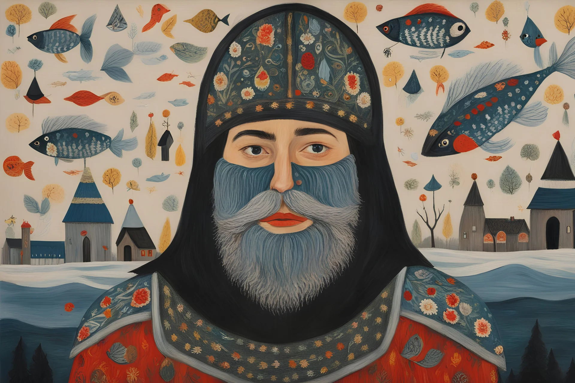 Maud Lewis oil painting a dreaming beard Actor embroidered knitted armor metal tight-fitting beard Knights Brotherhood, helmet fish face-mask, sergei parajanov movie in the misty temple