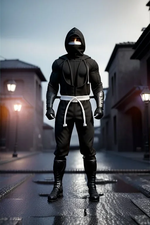 muscular ninja assassin, athletic build, wearing black and gray baggy pants with pockets, black hood and black balaclava mask, big boots, buckles, straps, daggers, dark hazel eyes, eyes are both in proportion and green, 3/4 look, standing, dark cobblestone alley, candle light behind head, intense, photorealistic rendering in the art style of j.scott campbell