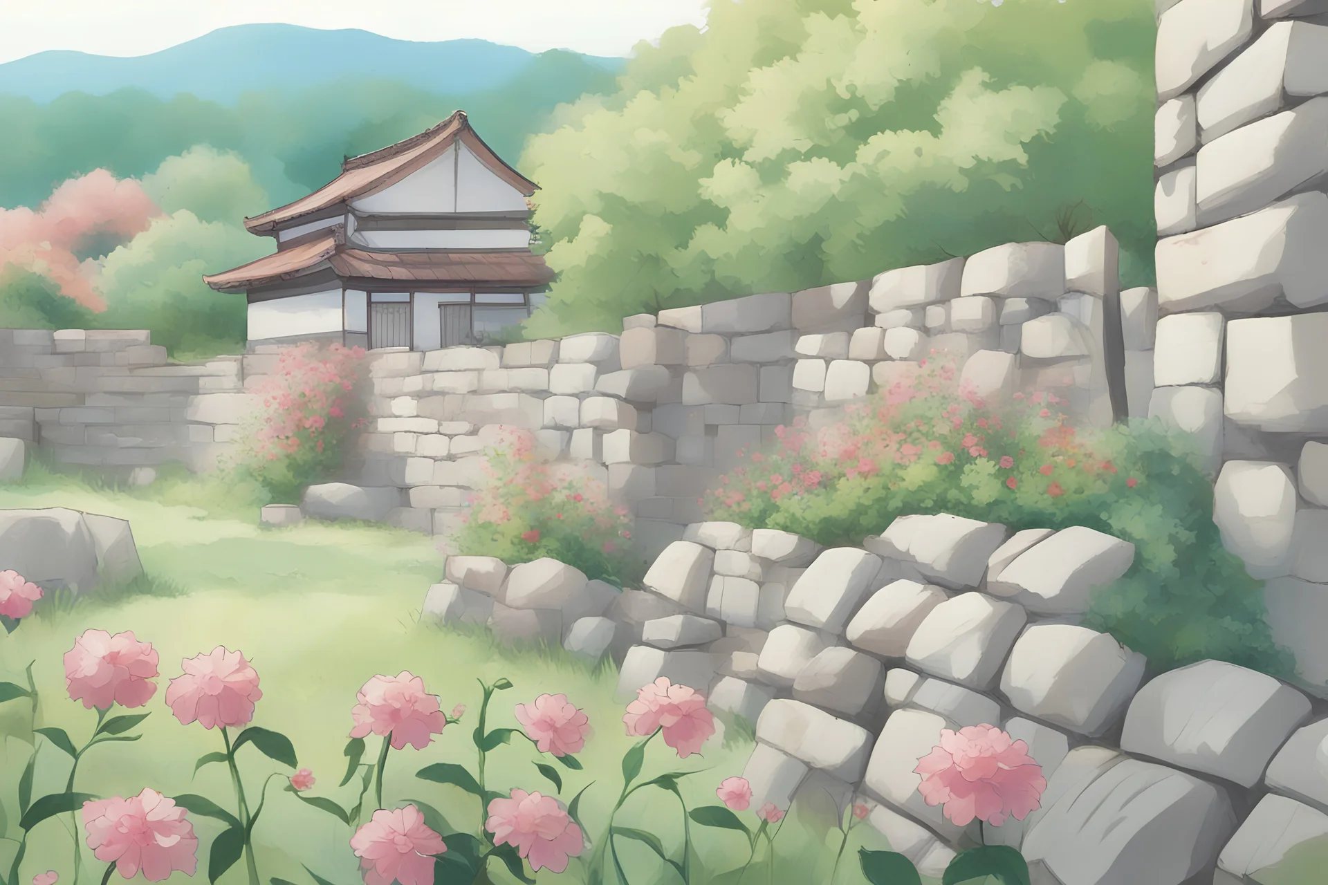 sunny day, stone wall, flowers, spring, normal mountains, river, rocks, distant house, epic, japanese manga style