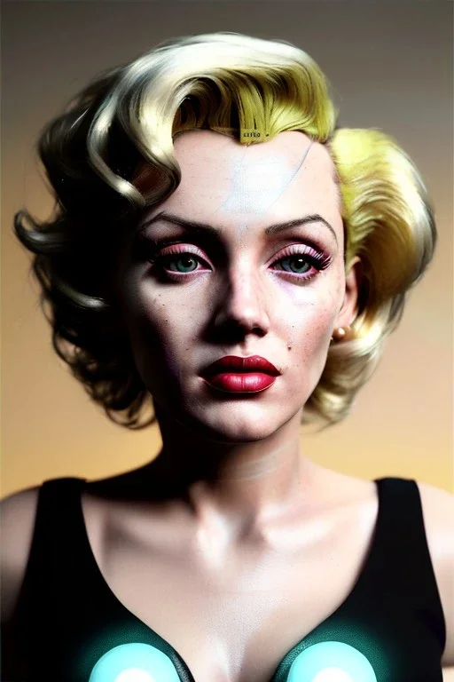 Ultra Realistic image, portrait, blonde woman, sweet Marylin Monroe face, perfect iris, glow eyes, gold makeup, wires attached to head. Cyberpunk style, latex coat, fog, rain, soft color, highly detailed, unreal engine 5, ray tracing, RTX, lumen lighting, ultra detail, volumetric lighting, 3d, finely drawn, high definition, high resolution.