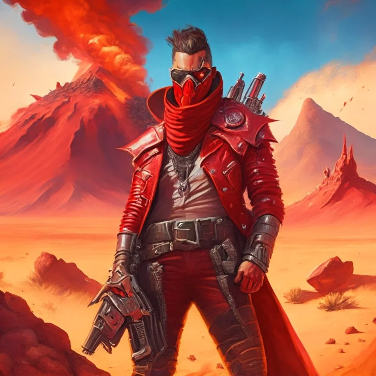 A portrait of a manly man wearing a red armour biker, in a desert with a volcano background. Magic the gathering style art. With a magma gun.