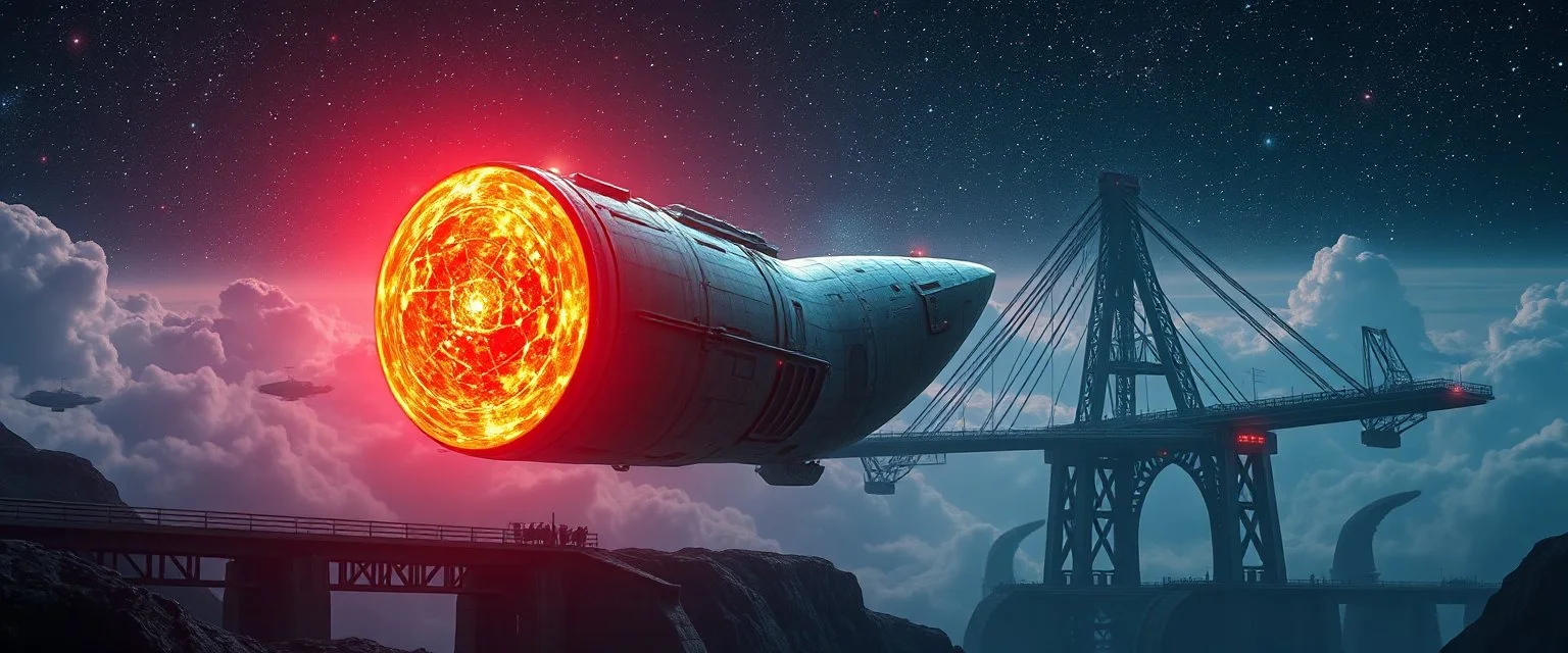 dark bridge space station holding huge round pear space ship, portrait of inter-galatic handsome power broker , the first nation, witchcraft, cyberpunk village, sci-fi, strange chrome vessels, volume light from stars through clouds, goa trance poster