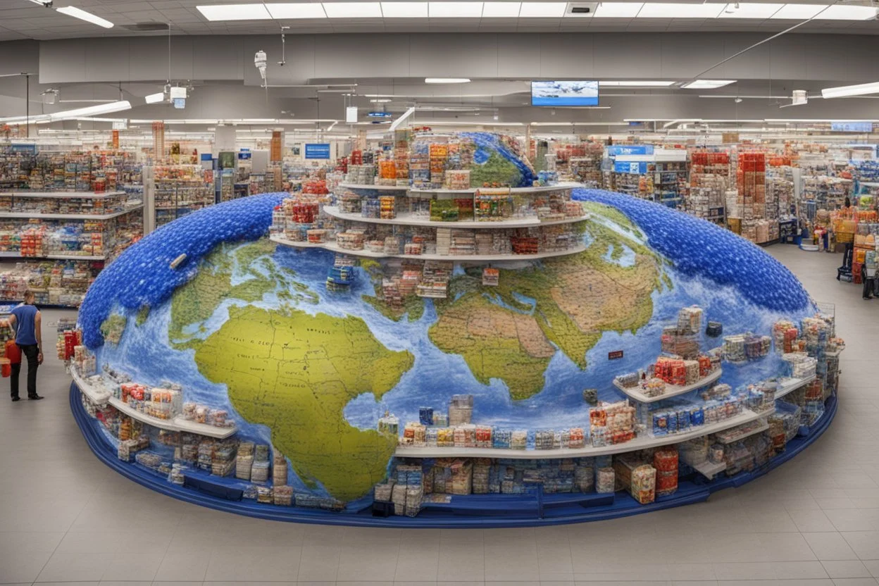 a giant walmart planet made of plastic