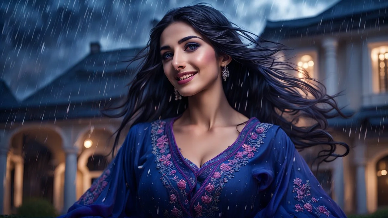 Hyper Realistic Photographic Low-Angle View Of A Beautiful Young Pashto Woman With Beautiful Eyes Lips & Nose (Wearing Beautiful Traditional Navy-Blue Dress Having Purple Sleeves (With Embroidery) Her Beautiful Long Black Hair Whirling In Air) Happily Standing & Smiling Outside A Fancy Navy-Blue Mansion Heavy Rainfall Night with Thunderstorm Showing Dramatic & Cinematic Ambiance.