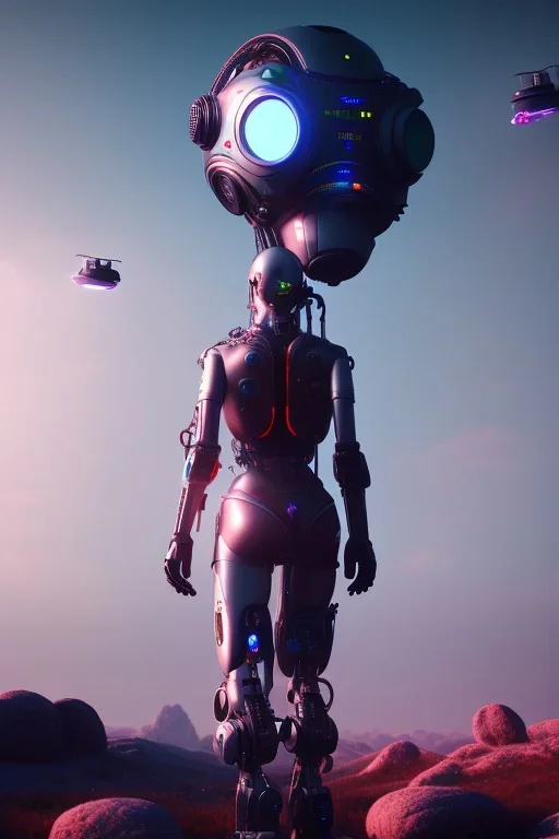 projection of an AI head hovering over an cyberpunk landscape in the distance, a small human walking towards the head, high quality, 4k resolution, high details