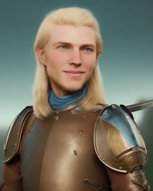 medieval warrior with short blond hair, blue eyes and wide warm smile with an axe wearing brown and green clothes