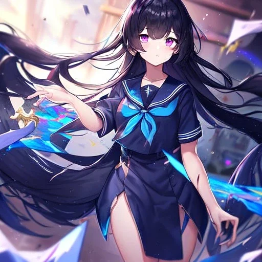 Clear focus, High resolution, Black long fluffy hair, purple eyes, wearing a sailor uniform, shattered rainbow in triagle formation