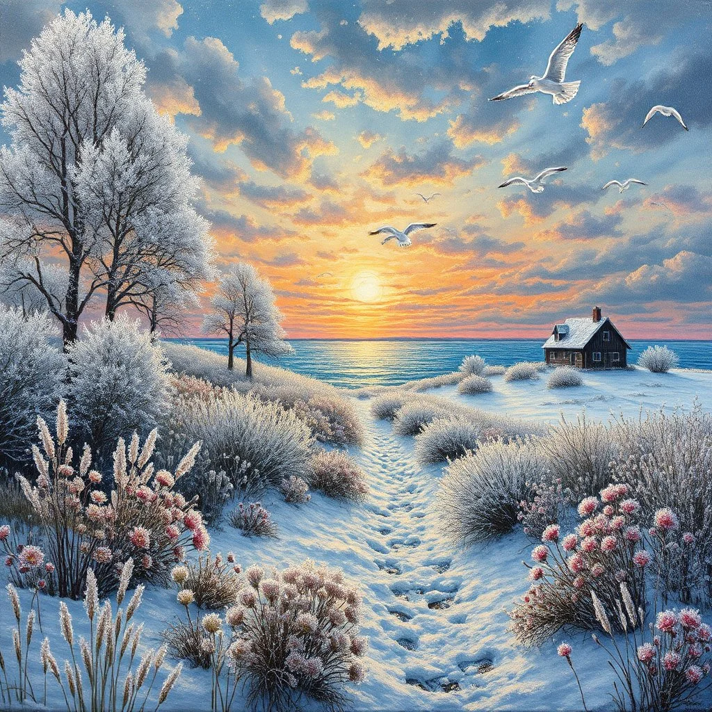 Richly textured Hieronymus Bosch, Catrin Welz-Stein, William Turner, Zdzisław Beksiński, Jacek Yerka oil on canvas zentangle line art style mix, surreal frosted fantasyland winter oceanscape, hoarfrost on trees, high grasses, snow and cottages, withered flowers, pale sunrise; paint splatter, beautiful vibrant colors, reflections, SK, flying seagulls, dramatic clouds, snowfall.