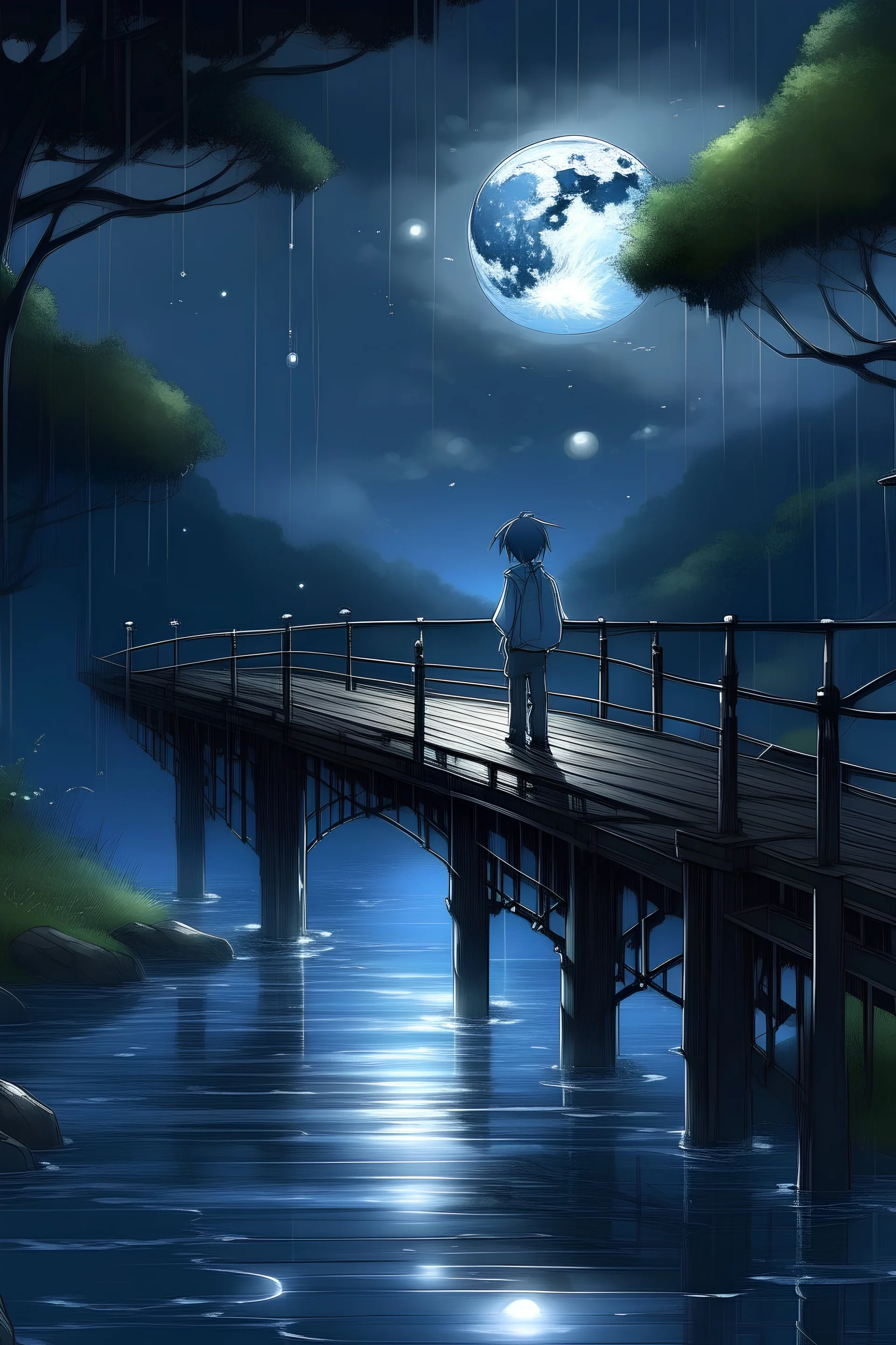 Boy, rain, night, moon, lake, bridge, fo...