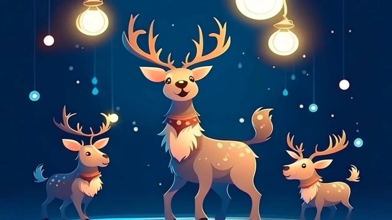 fantasy cartoon style illustration: happy reindeer lights Christmas lanterns and sings creating a joyful atmosphere.