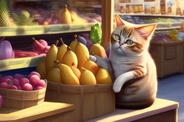 cute contented cat is shopping in a foodstore in sunshine. Food, fruits