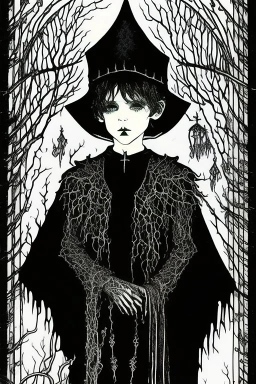 7 year old boy, necromancer, friendly, looks dead, with weird mushrooms growing out of him, wearing black robes, in the style of Harry Clarke