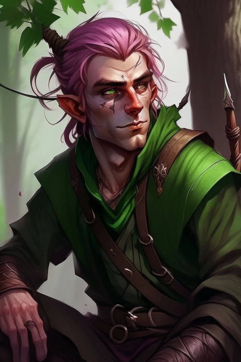 Male wood elf, rogue assassin, copper skin, bright green eyes, messy mauve hair, sneaky, trees, stoner, long bow, black leather straps, disheveled, smoking weed