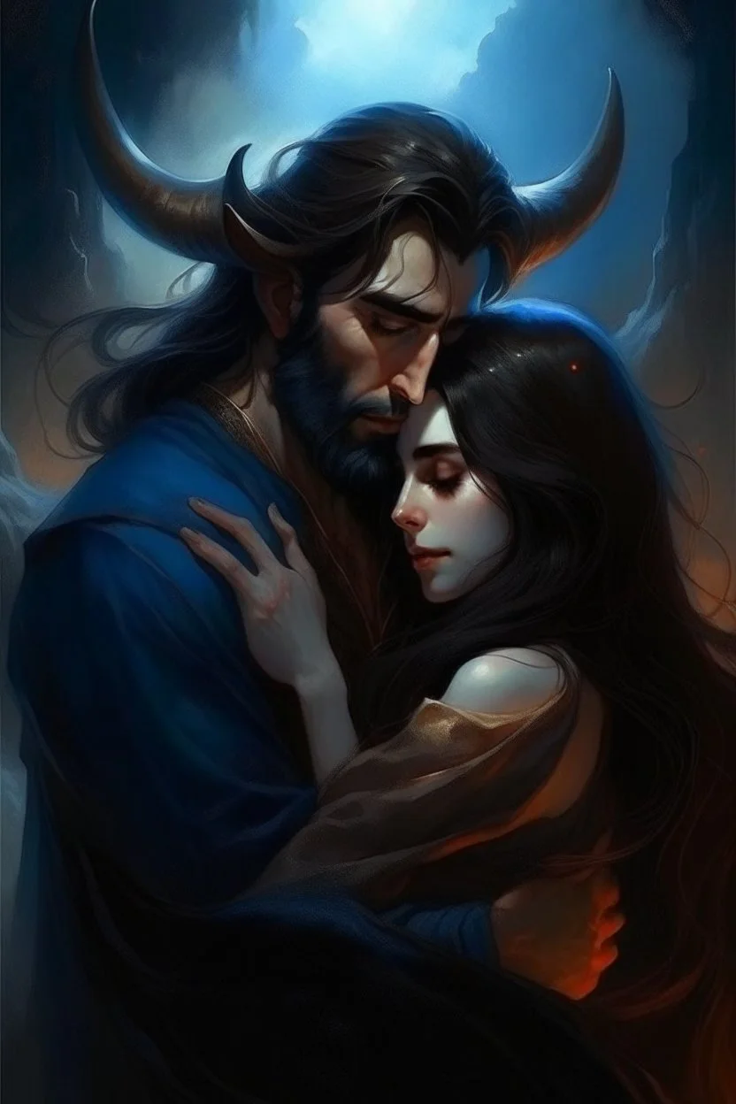 Painting, Beard, dark hair, demon prince, horns, handsome, mysterious, gentle, hugging a beautiful woman with long dark hair, celestial