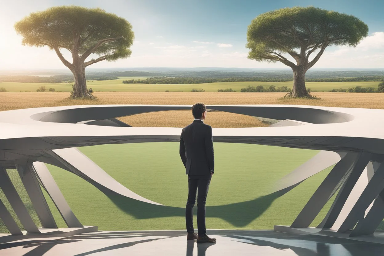 man standing in a split picture, open countryside, with trees on one side and a pristine futuristic city on the other side