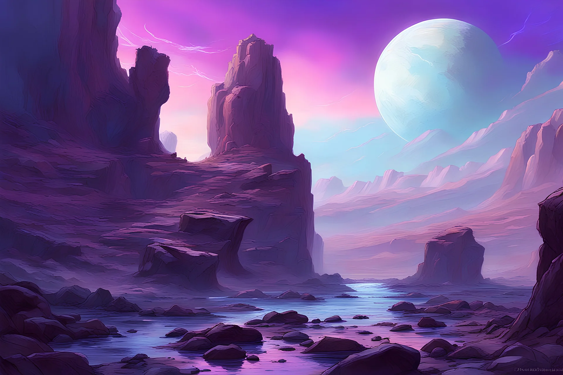 Purplw sky, rocks, rocky land, fantasy, epic, sci-fi, sci-fi movies influence, mountains, friedrich eckenfelder and rodolphe wytsman impressionism paintings