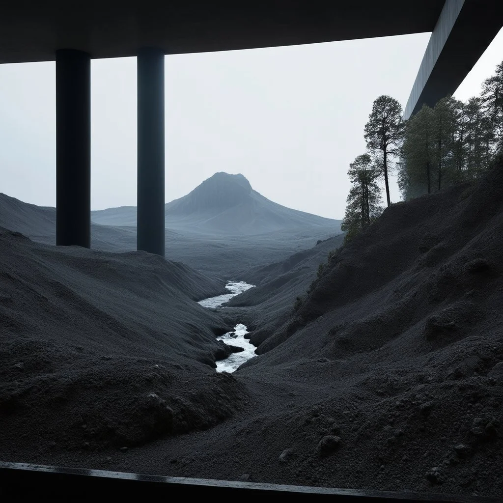 Photograph, NO PEOPLE, a mass of terrain, giant museum space, trees, black pillars, high walls, high peak in a room, rag, powder, brook, sediments, deflagration of the background, geological formation, light, architecture, minimalist, details of the terrain very accentuated, 8k, deep 3d field, sharp, brutalist, hasselblad h6d400c --ar 85:128 --v 6.0