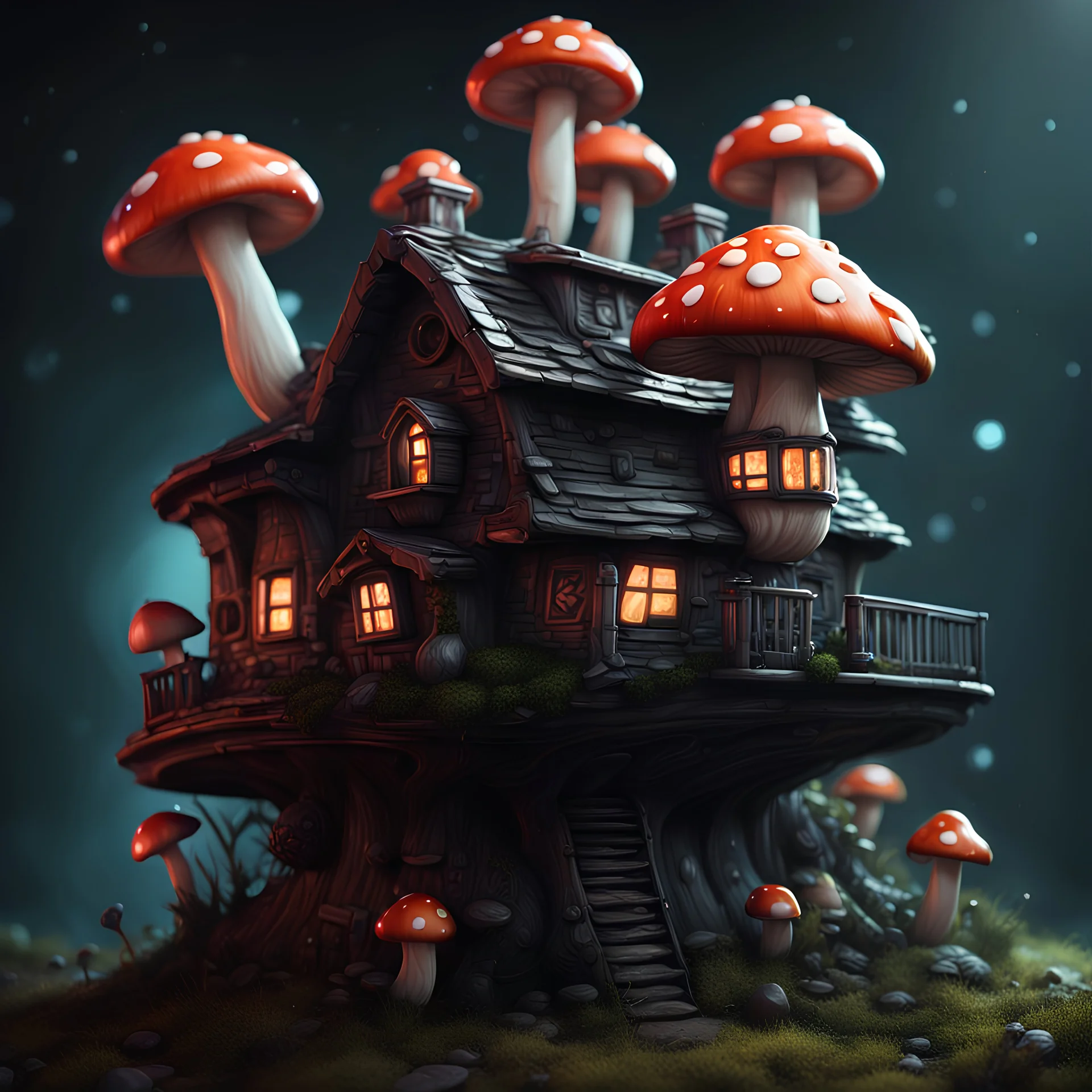 A funny floating mushroom house in space. cold neutral colors, black, Detailed gloss Painting, rich color, fantastical, intricate detail, splash screen, hyperdetailed, insane depth, concept art, 8k resolution, trending on Artstation, Unreal Engine 5, color depth, dynamic lighting, splash art, dramatic, masterpiece, excellent quality beautiful Fun Imaginative, unique, great composition