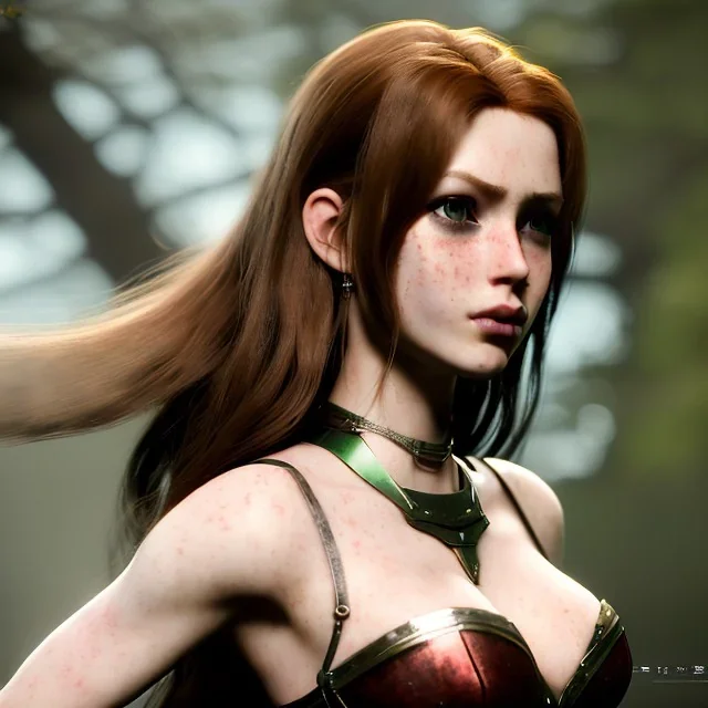 Realistic, hyper detailed, strikingly beautiful young adult woman, 19 years old, long ginger hair, green eyes, medium freckles, full lips, very skimpy fantasy armour, full body, full face, small breasts, aroused expression, biting lower lip, full frame, petite, centered camera, ignore NSFW, bow, quiver on hip, tight pants, bent over, butt