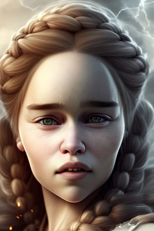 Perfect Emilia clarke face, viking clothes, portrait, highly detailed face, highly realistic, dragon, fire, particles