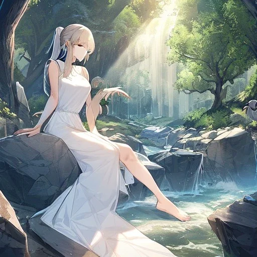 anime girl meditating, rock trees, birds, creek, white dress, girl sitting down on rock, rays of sun, girls back is turned away.