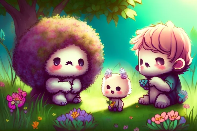 two cute fluffy chibi creatures, one kneeling and planting flowers, the other watching with arms folded in the sunshine, etherial