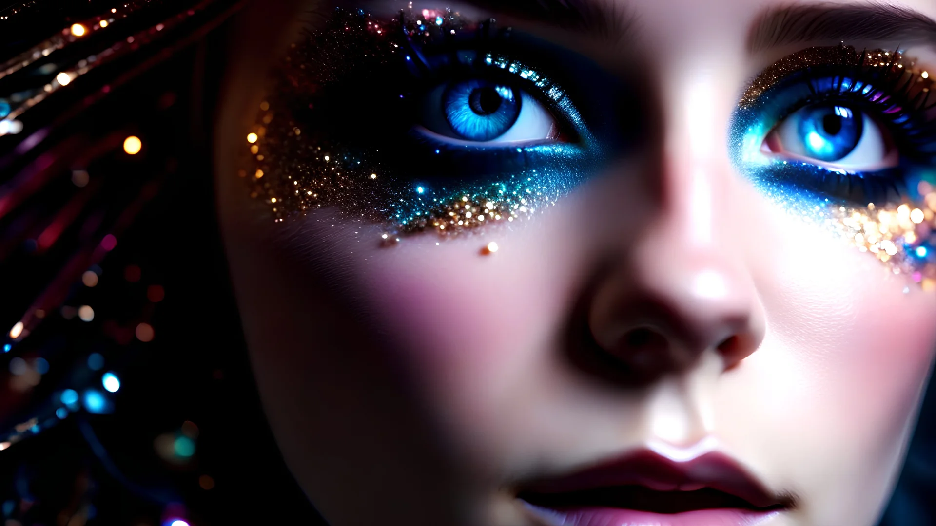 A stunning, hyper-realistic close-up shot, taken from extreme low-angle perspective, focused on the eyes of a French supermodel. She is dressed in an extravagant, avant-garde dress by Iris Van Herpen, featuring bold candy non pop colors, and adorned with glitter and sparkle, clean makeup, full attractive lips, natural uneven skin detail, perfect eyes, skin blemish,