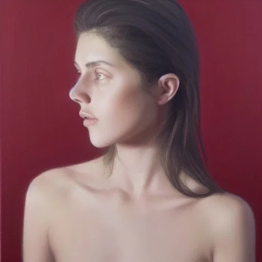  100 % modern conceptual art, realistic portrait oil painting by Kris Knight, of a beautiful 18 year old woman , front view centered 3/4 figure symmetrical and cinematic side lighting, red rimmed eyes with dark cir precise brushstrokes and subtle blended variations in skin color temperature, perfectly proportioned female figure elegantly posed and wears contempory casual clothes, short tangled hyper-realistic detailed jet-black hair with bangs! Perfectly symmetrical facial features ,cgsociety,