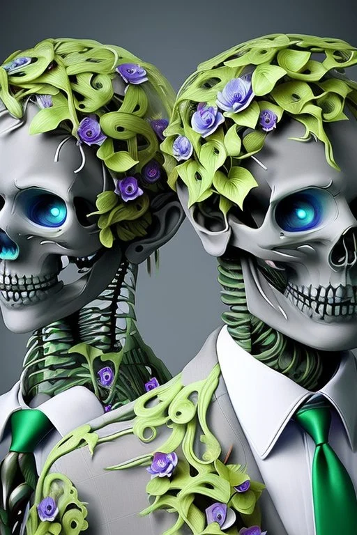 Surreal Couple Made Of Metal Skeletons With Flowering Vines Growing Through; Wearing Blue Gray Green Striped Business Suits With Paisley Shirts And Ties; Surreal, Intricately Detailed, Beautiful, Colorful