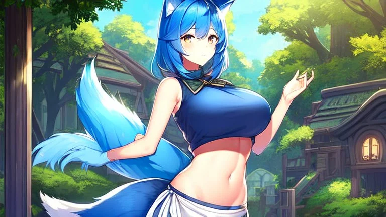 Girl look like wolf, wolf paws on hand , animal paws, wolf ears, wolf tail,blue hair, house, open navel,(2: big breasts), forest