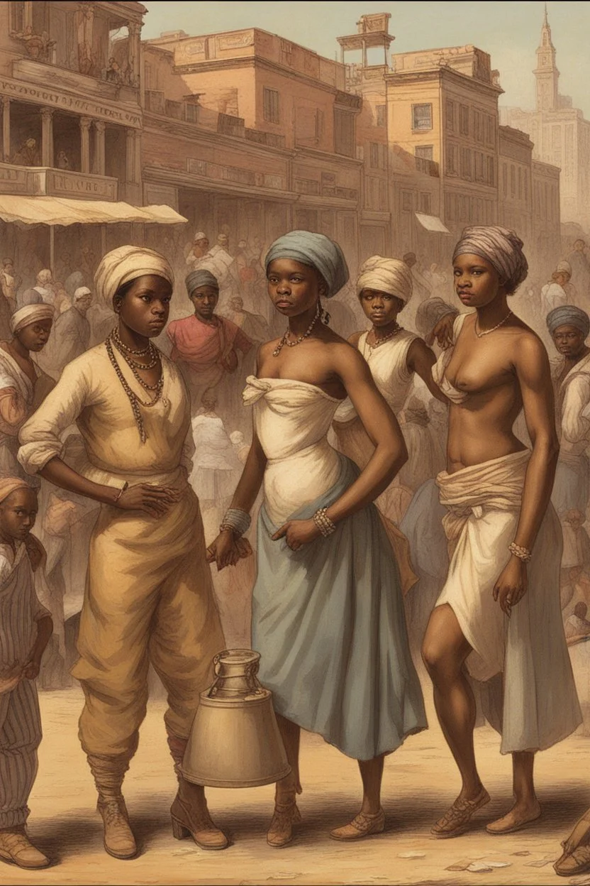 Visualize the bustling slave market in major U.S. cities. Show the duo dominating the trade, with emphasis on the transportation of 10,000 people. Include imagery of the "fancy girls" and their high market value