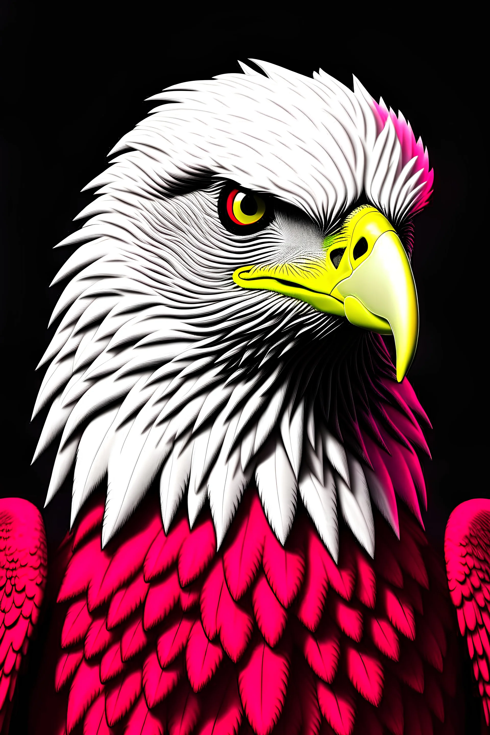 grey background; blood red, white animated eagle who's just eyes and beak are in focus. the eagle is looking down