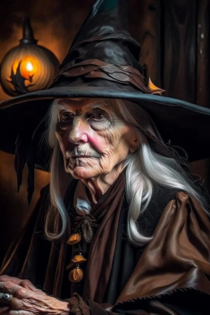 Old White-haired Witchery Witch in her pointed hat ready for the Coven in rusty autumn leaves and silver cobwebs. with burnished browns and abyss black.