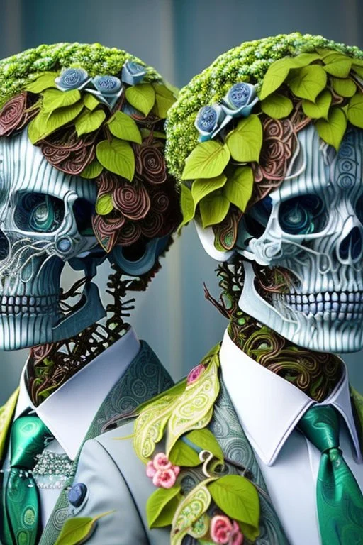 Surreal Couple Made Of Metal Skeletons With Flowering Vines Growing Through; Wearing Blue Gray Green Striped Business Suits With Paisley Shirts And Ties; Surreal, Intricately Detailed, Beautiful, Colorful